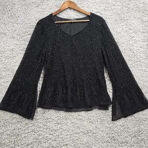 Dressbarn Womens Beaded Flare Sleeve Top Size XL Black Witchy Elegant
